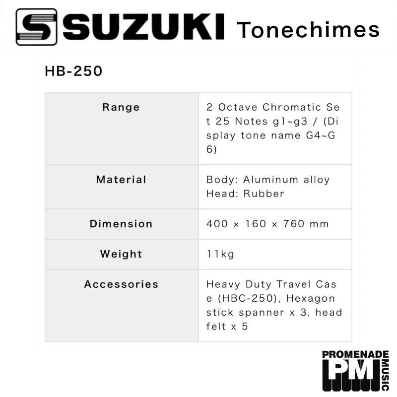 Suzuki HB250 Chromatic Tonechimes Set of 25-notes (2-octave) with Hardcase ….. g4-g6 range, case has pull-handle and wheels [hb-250] - Image 6