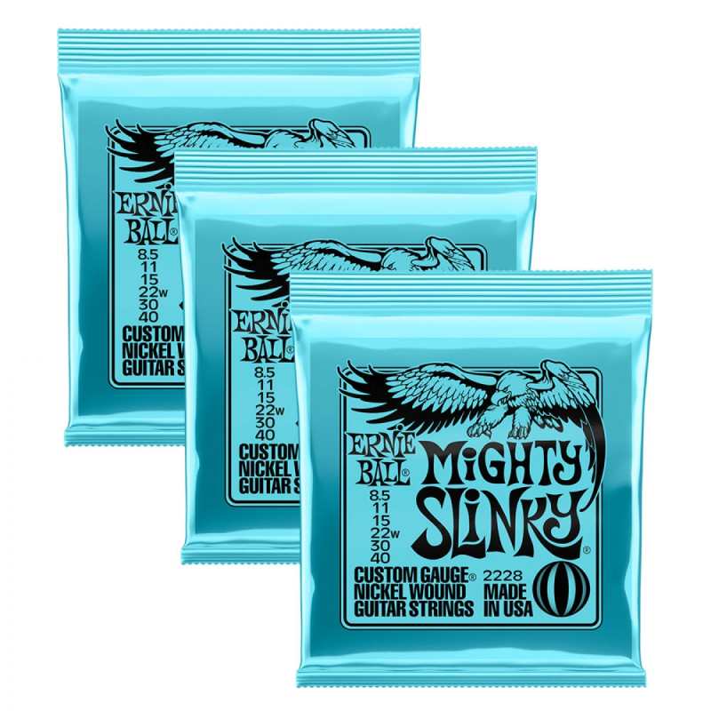 3 Sets of Ernie Ball 2228 Mighty Slinky Nickel Electric Guitar Strings 8.5-40