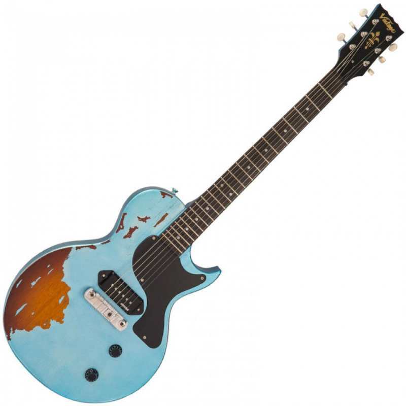 Vintage V120 ICON Electric Guitar, Distressed Gun Hill Blue Over Sunburst - Image 2