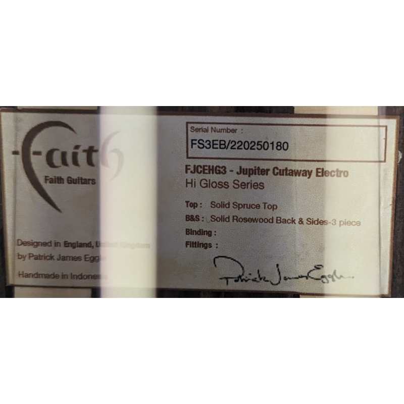 Faith FJCEHG3 Hi-Gloss 3 Jupiter Cutaway All Solid Electro Acoustic Guitar (43mm Nut) inc Hard Case - Image 4