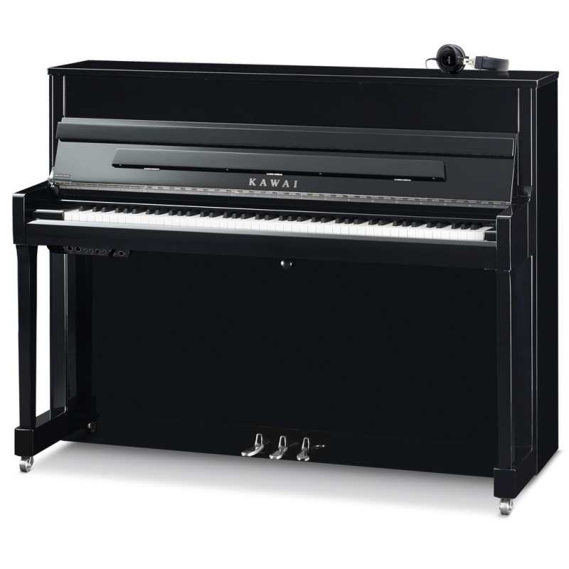 New Kawai K200SL ATX4 Anytime 114cm Tall Upright Piano in Polished Ebony Black with Chrome Fittings (can be played silently with headphones) Made in Indonesia.