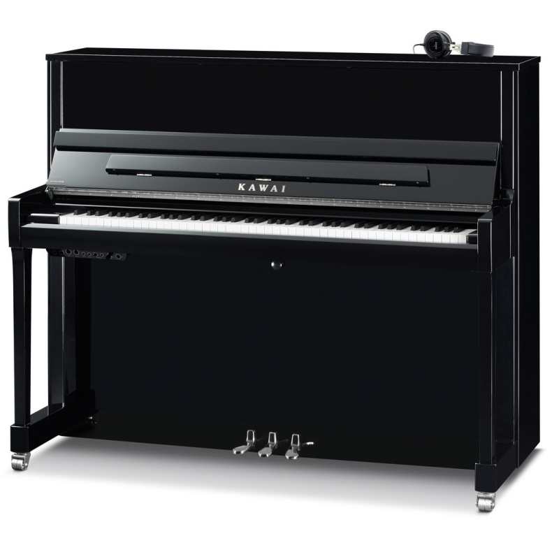 New Kawai K300SL ATX4 Anytime 122cm Tall Upright Piano in Black with Chrome Fittings (can be played silently with headphones). Made in Indonesia.
