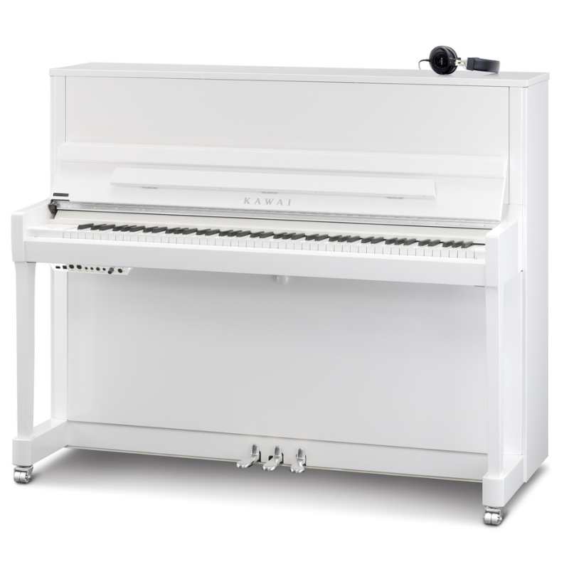 New Kawai K300SL ATX4 Anytime 122cm Tall Upright Piano in White with Chrome Fittings (can be played silently with headphones). Made in Indonesia.