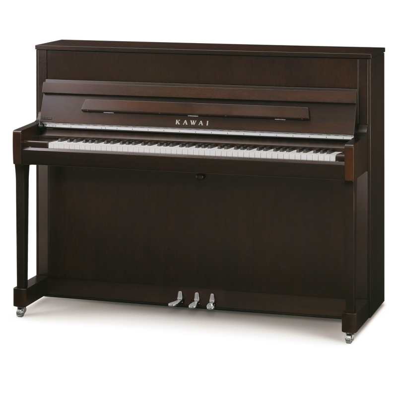 New Kawai K200SL Upright Piano in Dark Brown Walnut Satin with Chrome Fittings (114cm) Made in Indonesia.