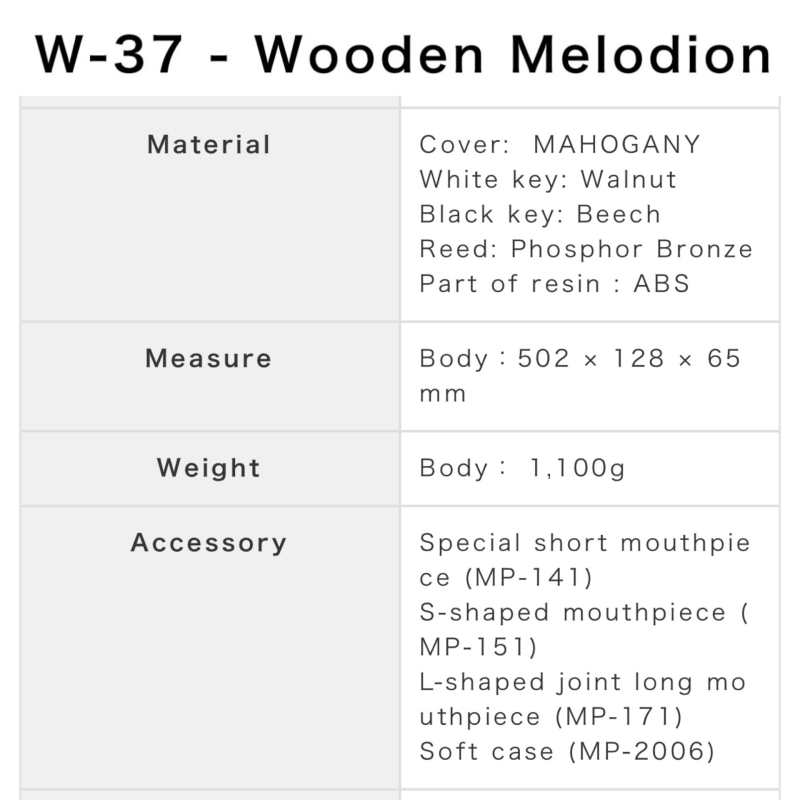 Suzuki W-37 Wooden Melodion ..... alto pitch melodica with mahogany cover, 37-keys of walnut and beech, phosphor bronze reeds, 3 mouthpieces and soft case [W37 Kenhamo] - Image 6