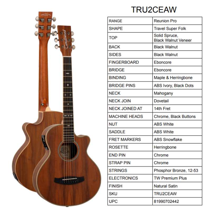 Tanglewood TRU2CEAW Reunion Pro Travel Electro Acoustic Guitar (TRU2-CE-AW) - Image 4